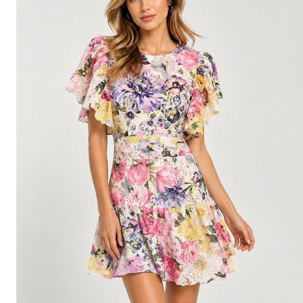 Express Floral Eyelet Ruffle Mini Dress Womens S Multi-Color Cotton Tiered Skirt